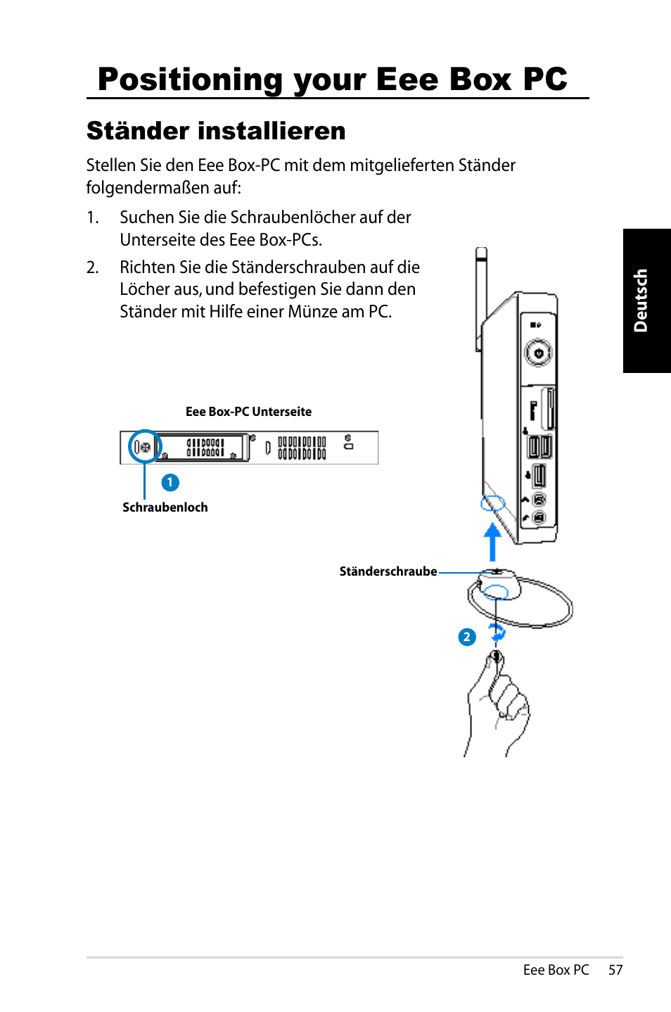 Positioning your eee box pc, Ständer installieren | Asus EB1007 User Manual | Page 57 / 183