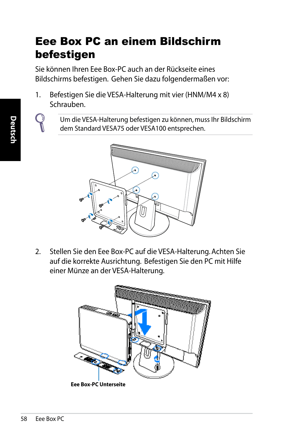 Eee box pc an einem bildschirm befestigen | Asus EB1007 User Manual | Page 58 / 183