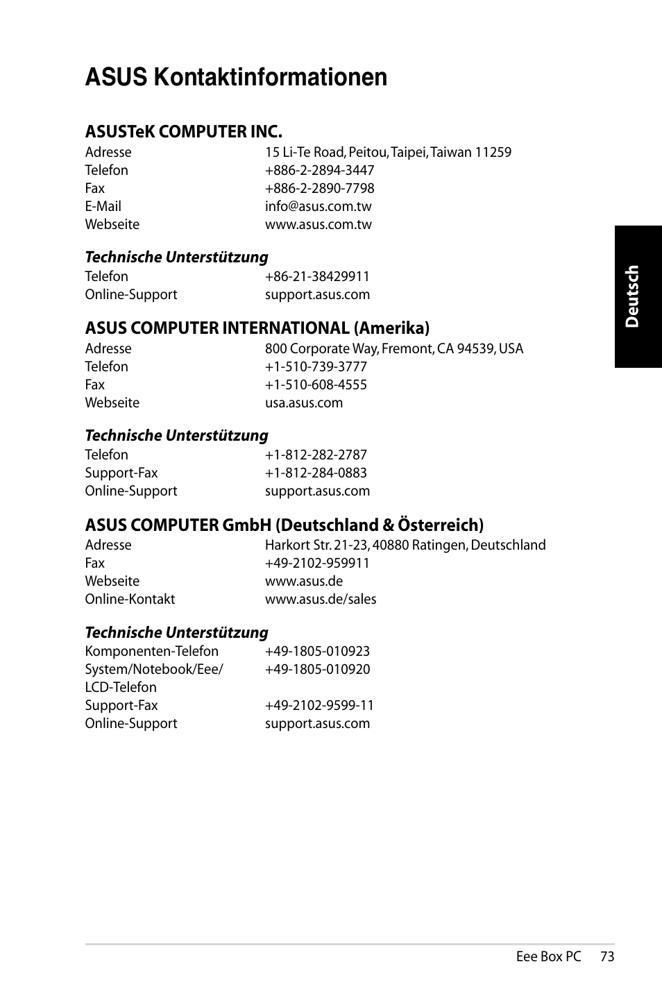 Asus kontaktinformationen, Asus computer international (amerika), Asus computer gmbh (deutschland & österreich) | Asus EB1007 User Manual | Page 73 / 183