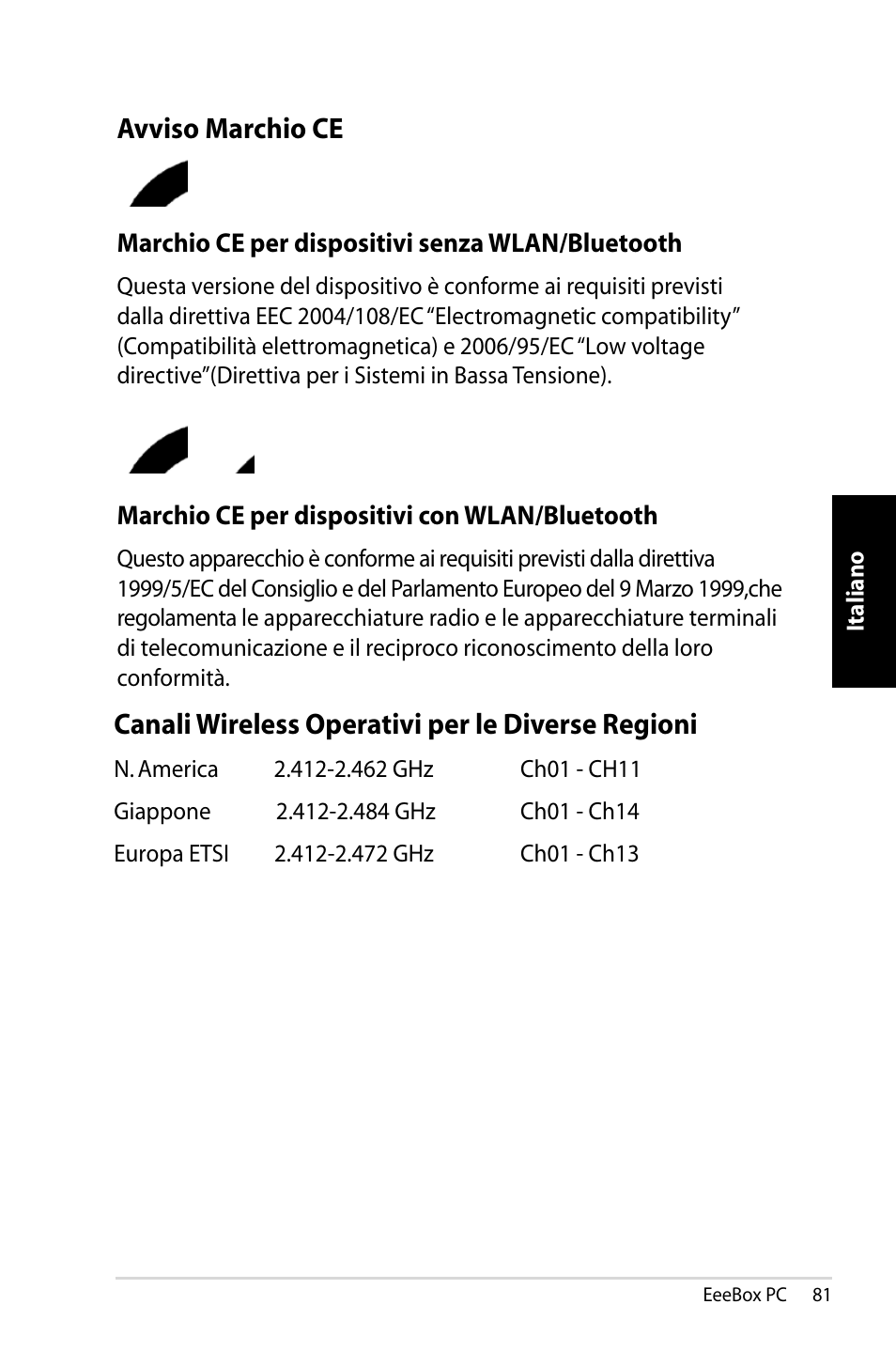 Canali wireless operativi per le diverse regioni, Avviso marchio ce | Asus EB1007 User Manual | Page 81 / 183