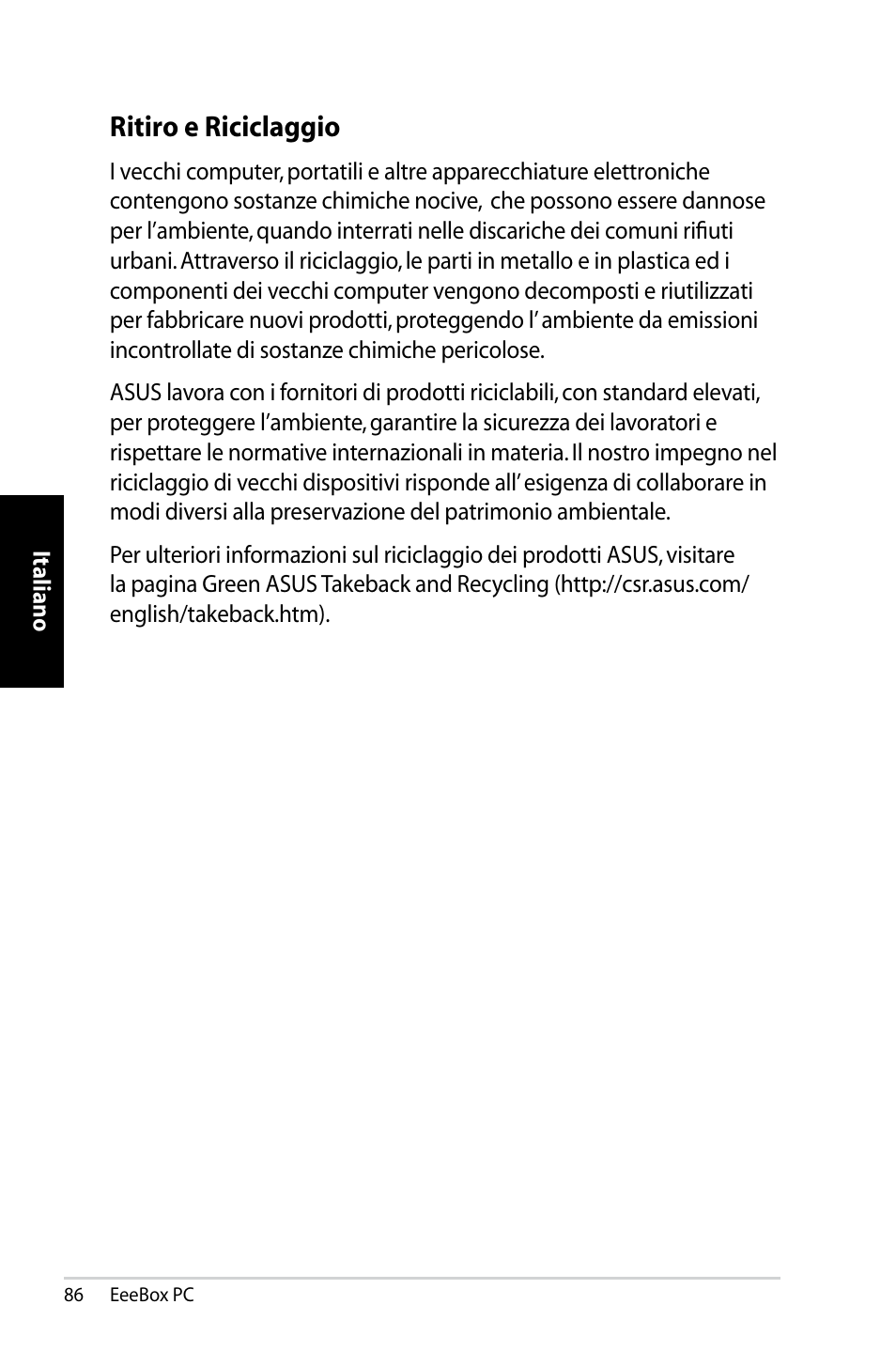 Ritiro e riciclaggio | Asus EB1007 User Manual | Page 86 / 183