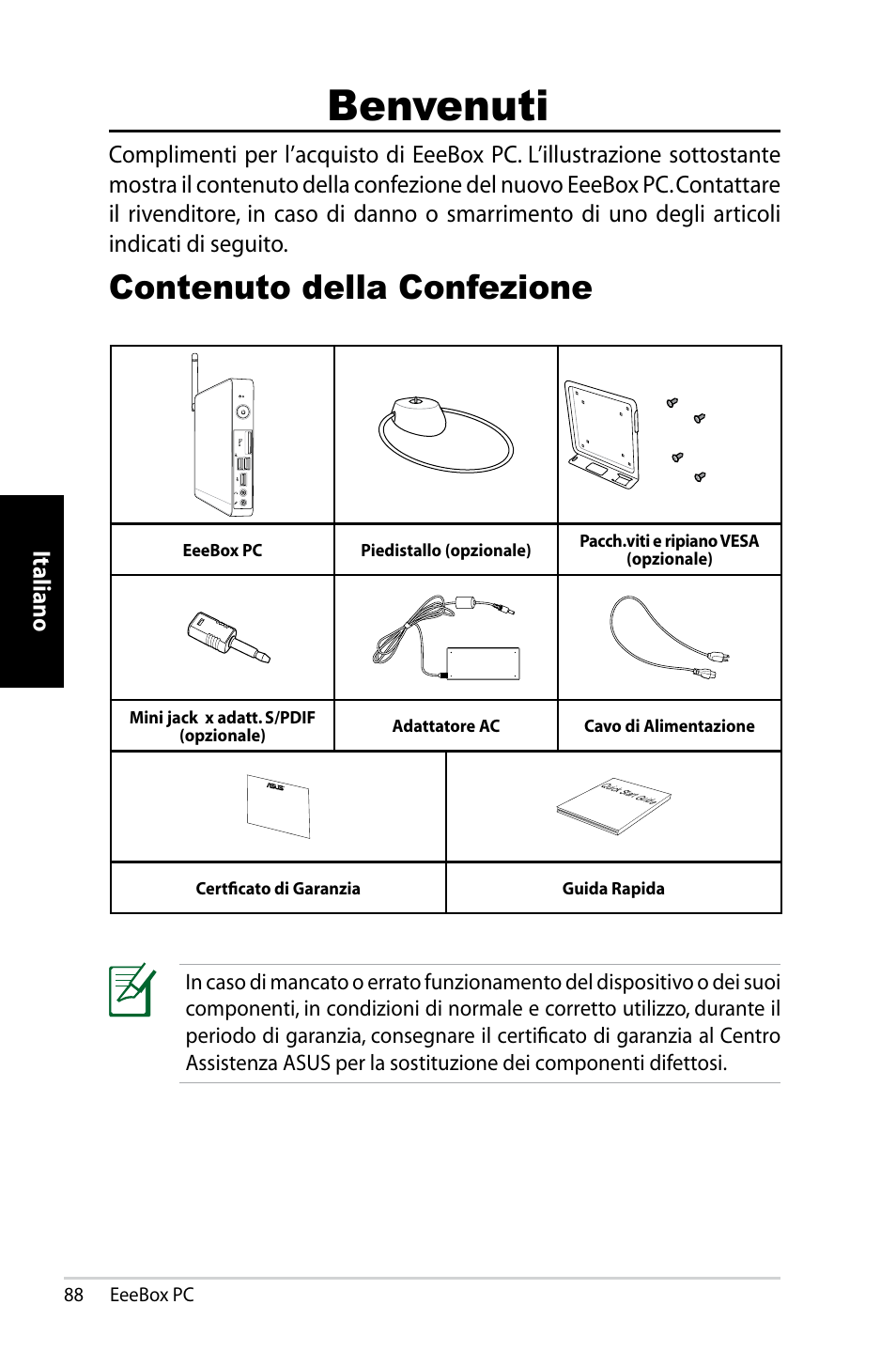 Benvenuti, Contenuto della confezione | Asus EB1007 User Manual | Page 88 / 183