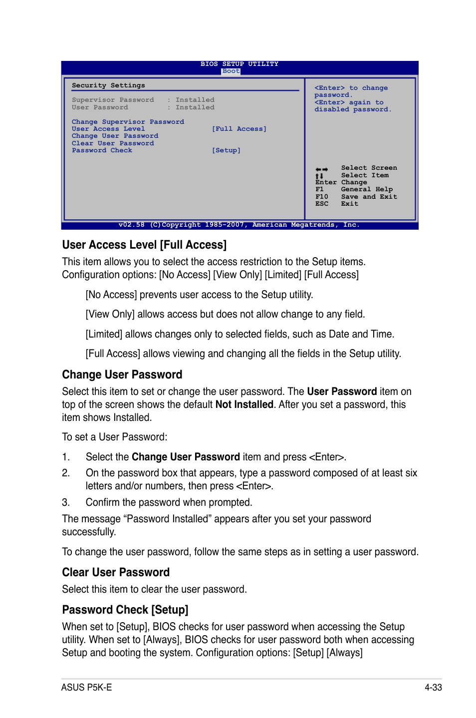 User access level [full access, Change user password, Clear user password | Password check [setup, Select this item to clear the user password | Asus P5K-E/WiFi-AP User Manual | Page 101 / 172