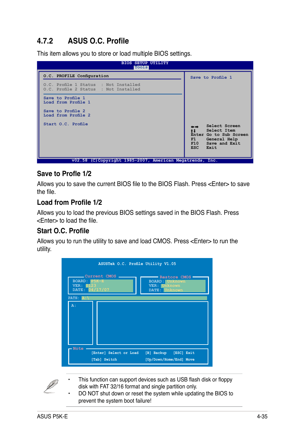 2 asus o.c. profile, Save to profle 1/2, Load from profile 1/2 | Start o.c. profile | Asus P5K-E/WiFi-AP User Manual | Page 103 / 172