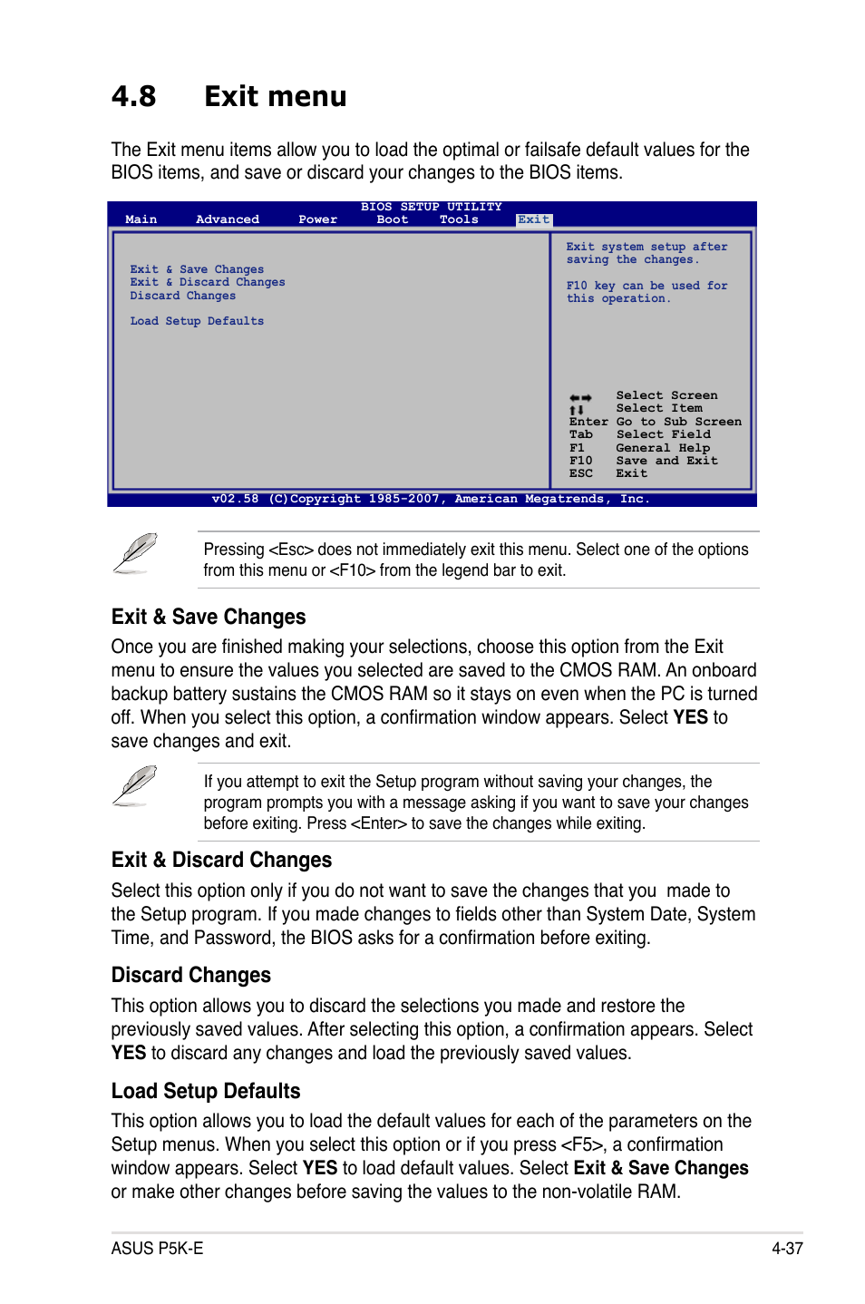 8 exit menu, Exit & save changes, Exit & discard changes | Discard changes, Load setup defaults | Asus P5K-E/WiFi-AP User Manual | Page 105 / 172