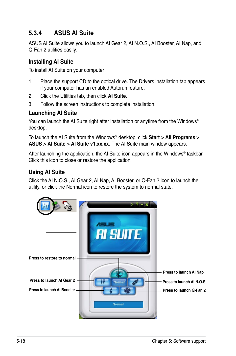 4 asus ai suite, Installing ai suite, Launching ai suite | Using ai suite | Asus P5K-E/WiFi-AP User Manual | Page 126 / 172