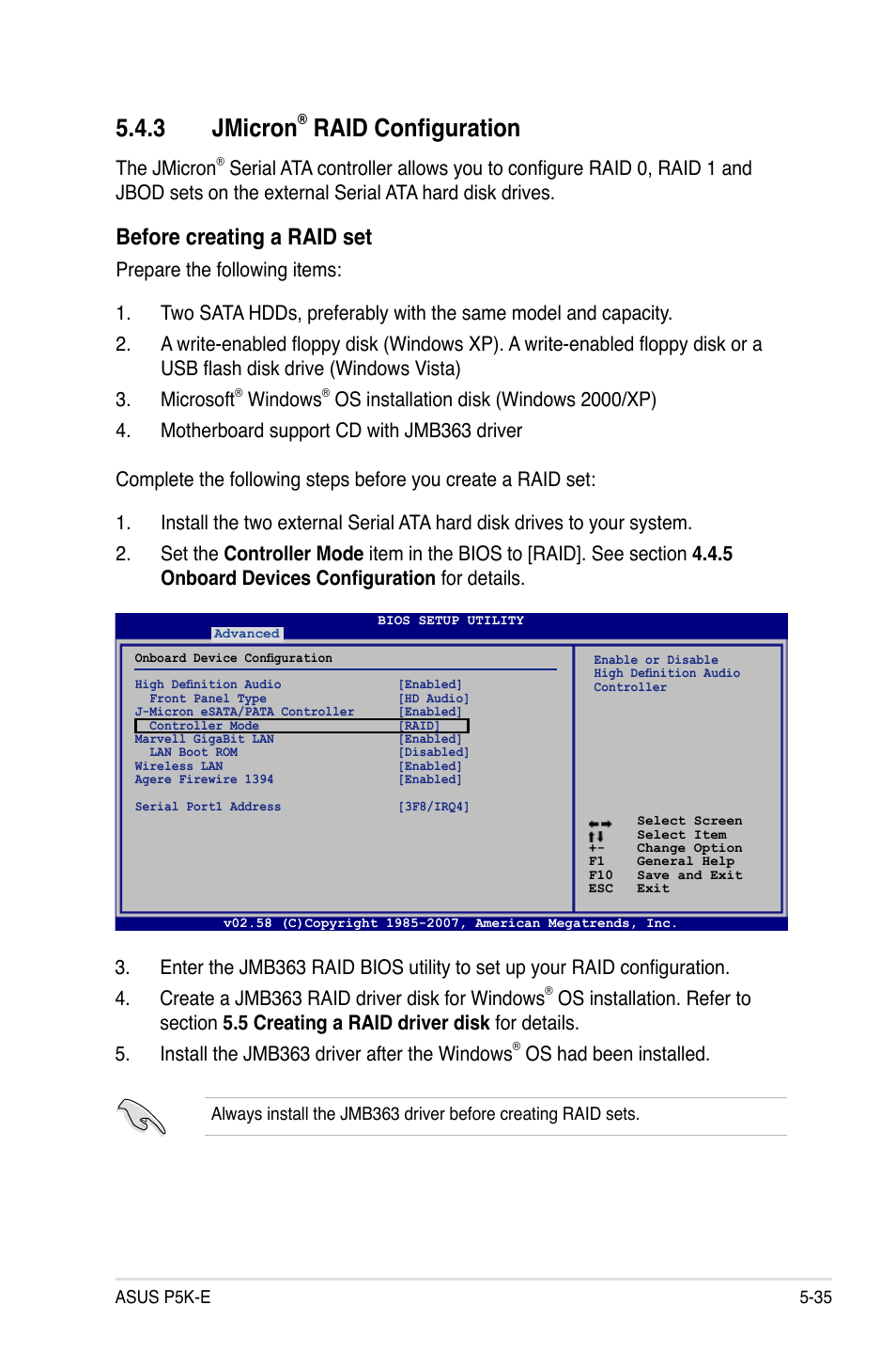 3 jmicron, Raid configuration, Before creating a raid set | The jmicron, Windows, Os had been installed | Asus P5K-E/WiFi-AP User Manual | Page 143 / 172