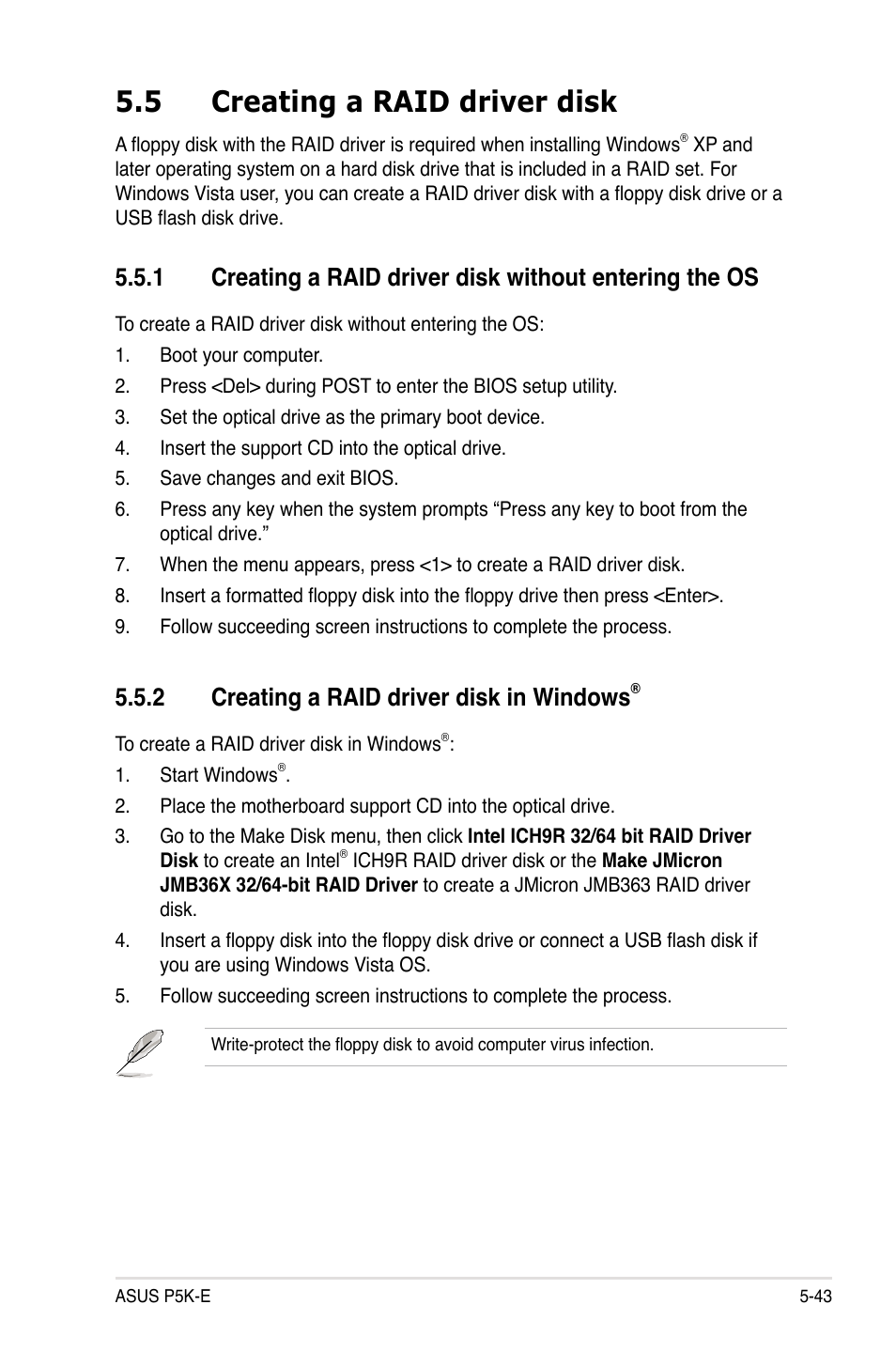 5 creating a raid driver disk, 2 creating a raid driver disk in windows | Asus P5K-E/WiFi-AP User Manual | Page 151 / 172