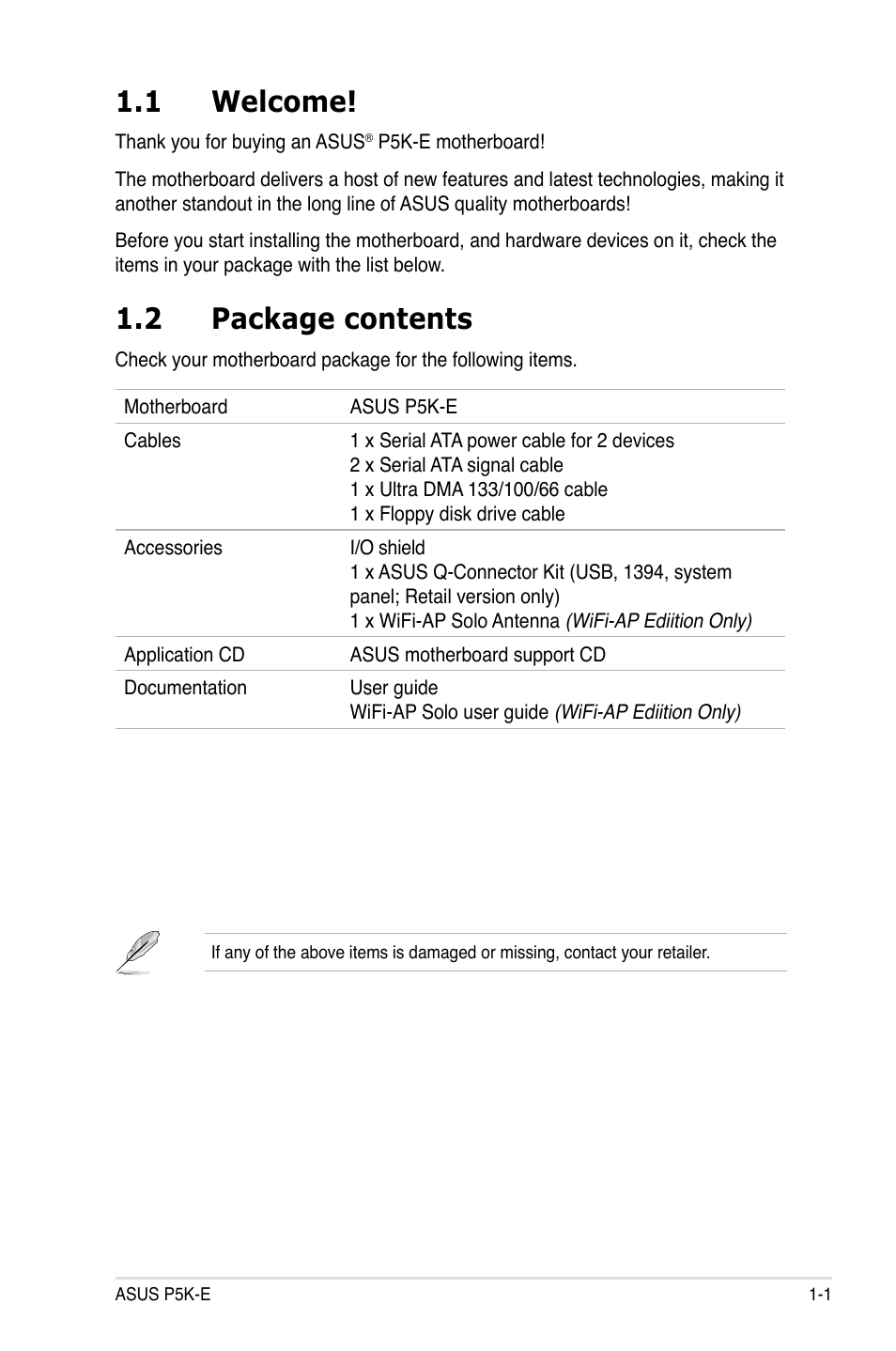 1 welcome, 2 package contents | Asus P5K-E/WiFi-AP User Manual | Page 17 / 172