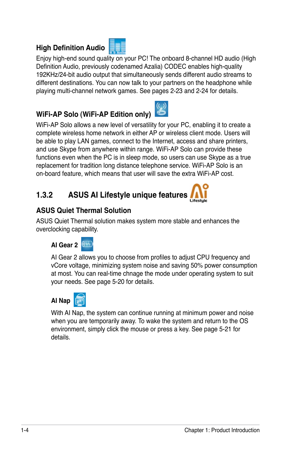 2 asus ai lifestyle unique features | Asus P5K-E/WiFi-AP User Manual | Page 20 / 172