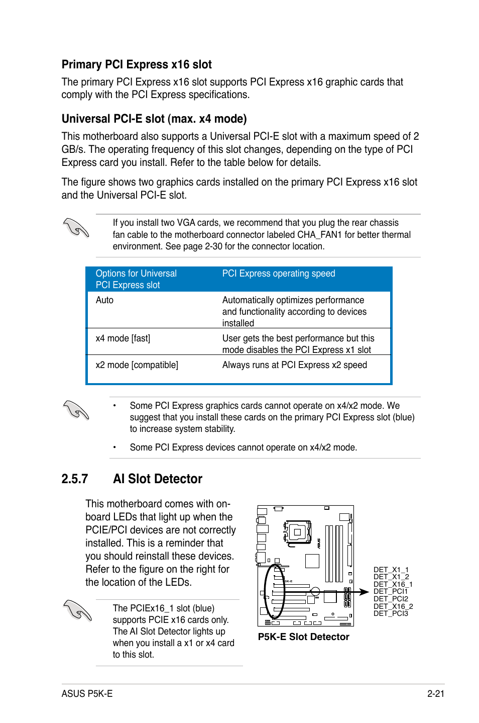 7 ai slot detector, Primary pci express x16 slot, Universal pci-e slot (max. x4 mode) | Asus P5K-E/WiFi-AP User Manual | Page 47 / 172