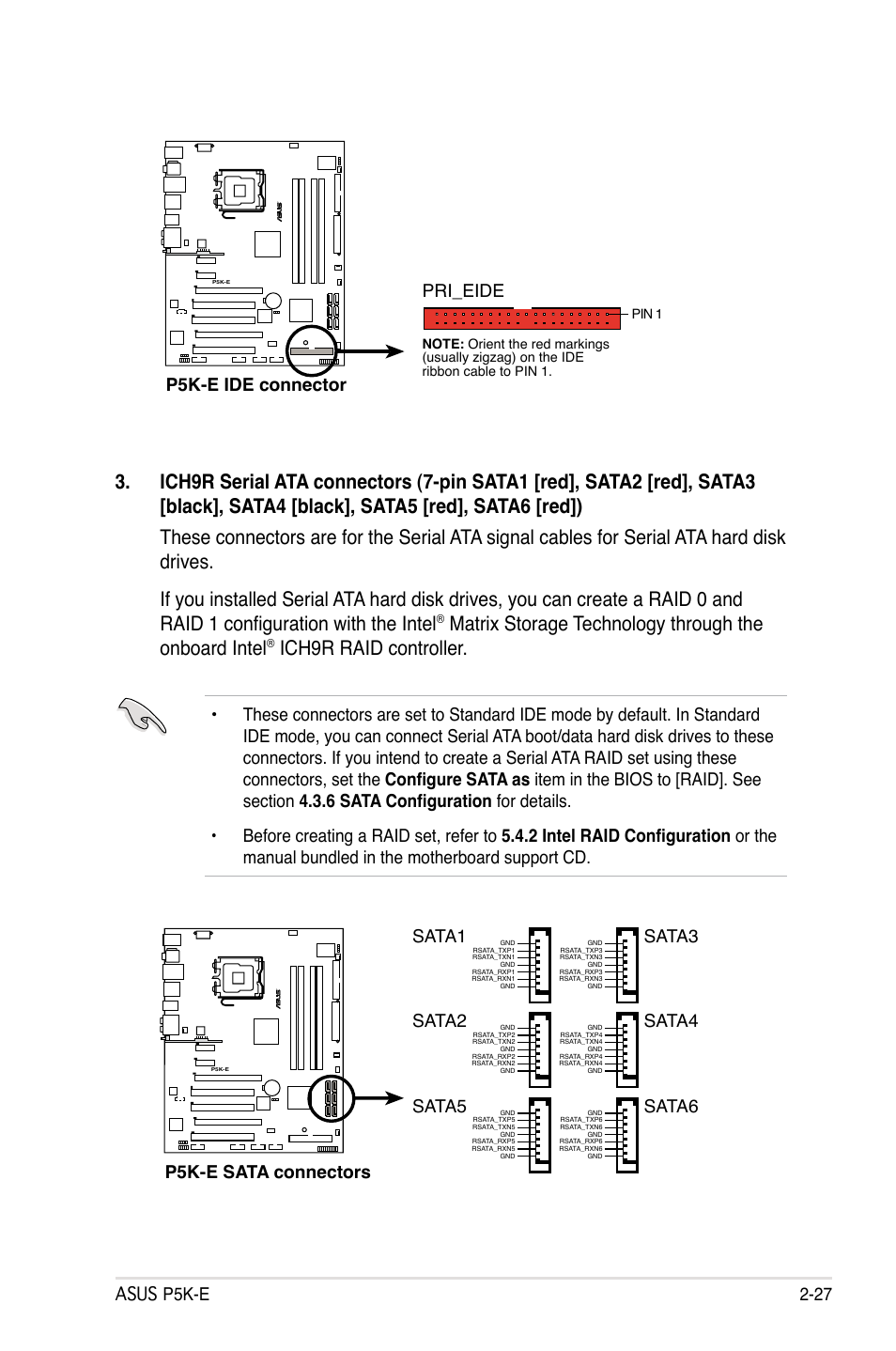 Ich9r raid controller, Asus p5k-e 2-27, P5k-e ide connector | Pri_eide, P5k-e sata connectors, Sata1, Sata3, Sata2, Sata4, Sata5 | Asus P5K-E/WiFi-AP User Manual | Page 53 / 172