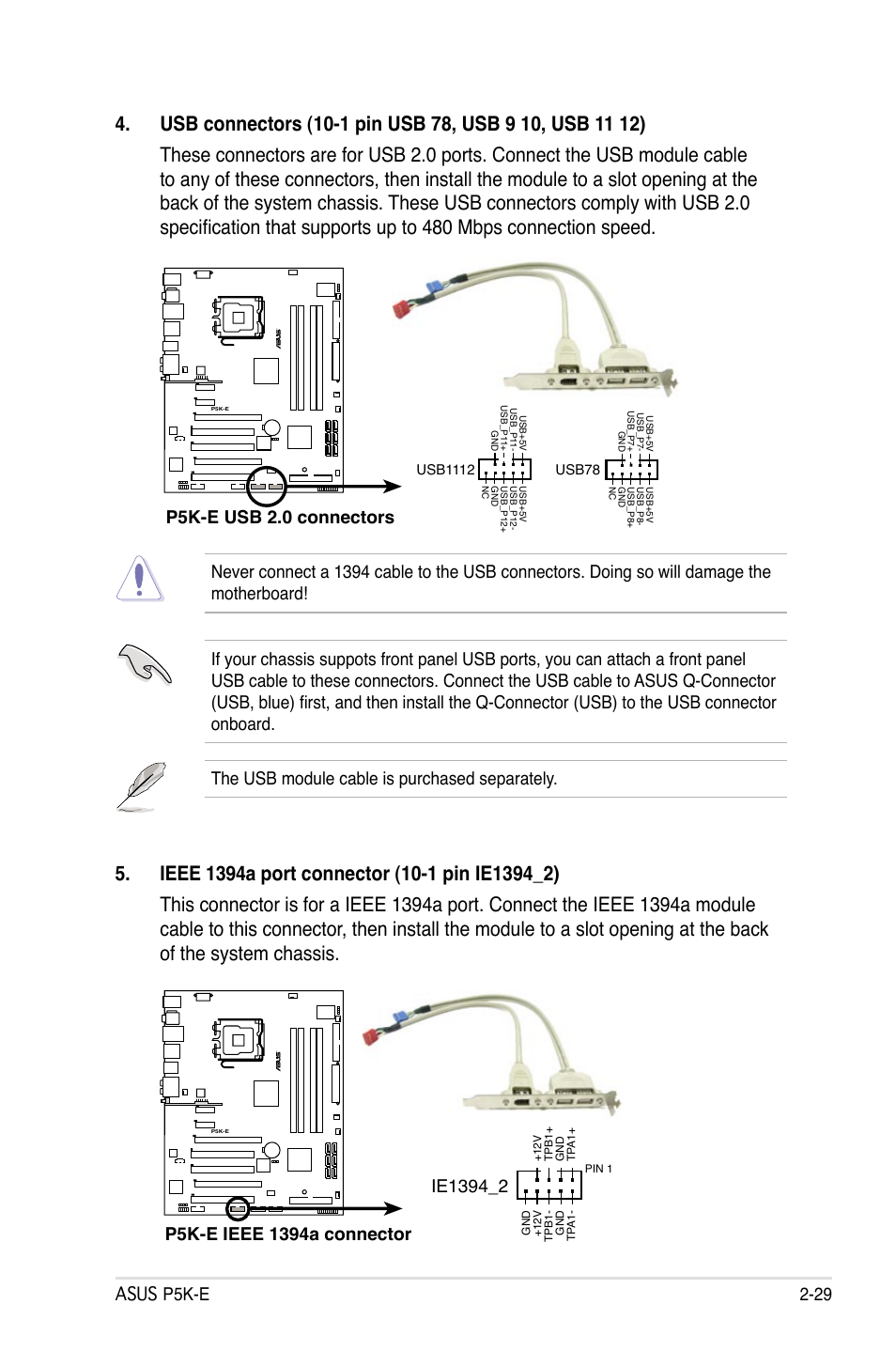 Asus p5k-e 2-29, P5k-e usb 2.0 connectors | Asus P5K-E/WiFi-AP User Manual | Page 55 / 172