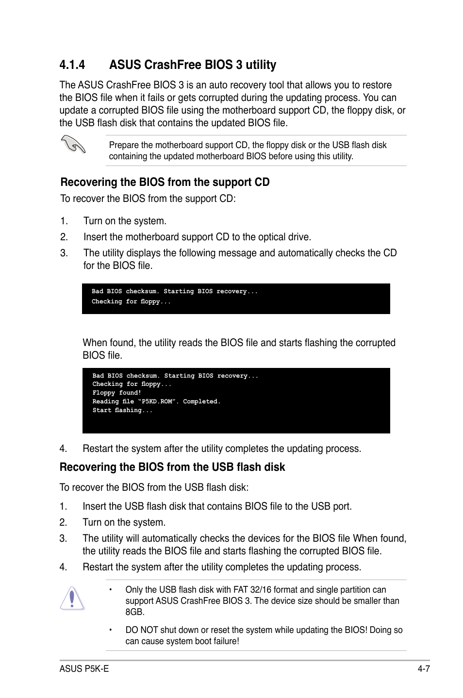 4 asus crashfree bios 3 utility, Recovering the bios from the support cd, Recovering the bios from the usb flash disk | Asus P5K-E/WiFi-AP User Manual | Page 75 / 172