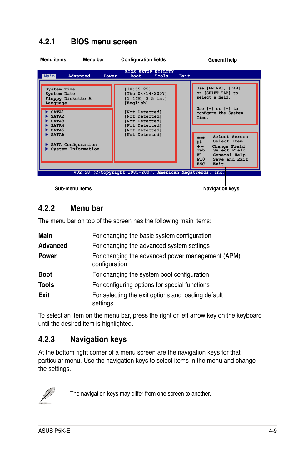 2 menu bar, 3 navigation keys, 1 bios menu screen | Asus P5K-E/WiFi-AP User Manual | Page 77 / 172