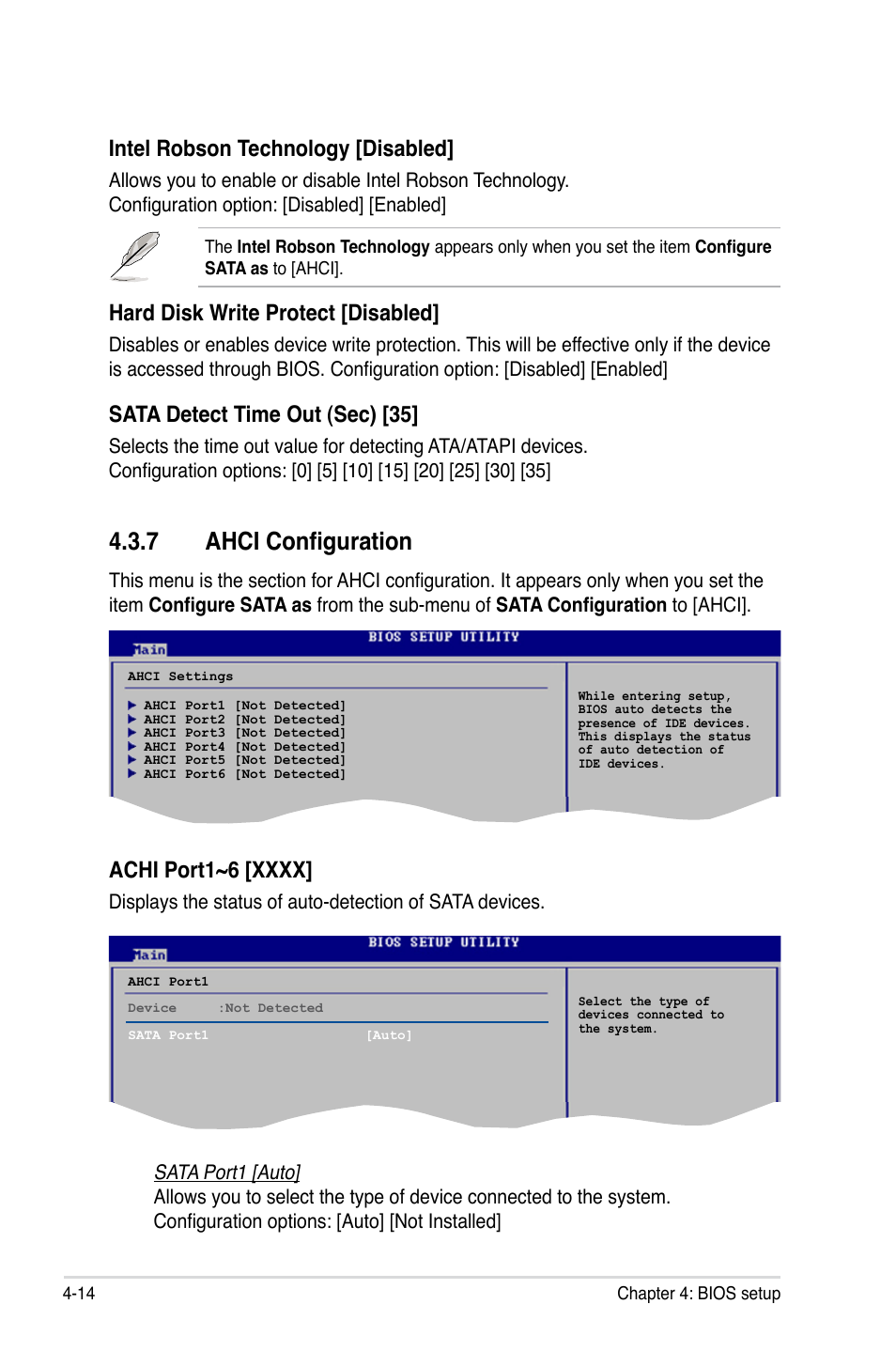 7 ahci configuration, Intel robson technology [disabled, Hard disk write protect [disabled | Sata detect time out (sec) [35 | Asus P5K-E/WiFi-AP User Manual | Page 82 / 172