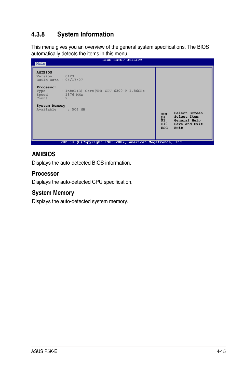 8 system information, Amibios, Processor | Displays the auto-detected bios information, Displays the auto-detected cpu specification | Asus P5K-E/WiFi-AP User Manual | Page 83 / 172