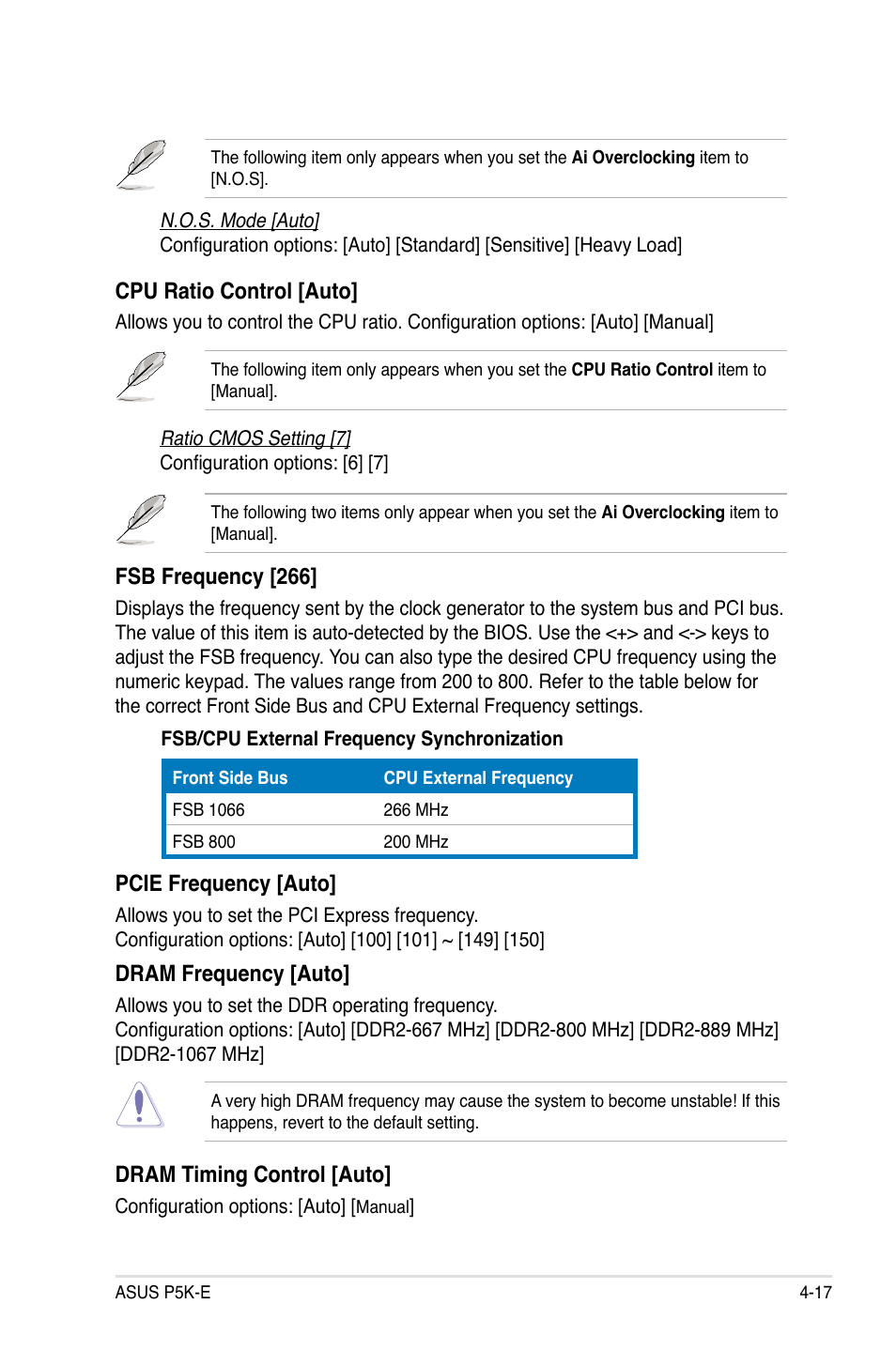 Fsb frequency [266, Dram frequency [auto, Cpu ratio control [auto | Pcie frequency [auto, Dram timing control [auto | Asus P5K-E/WiFi-AP User Manual | Page 85 / 172