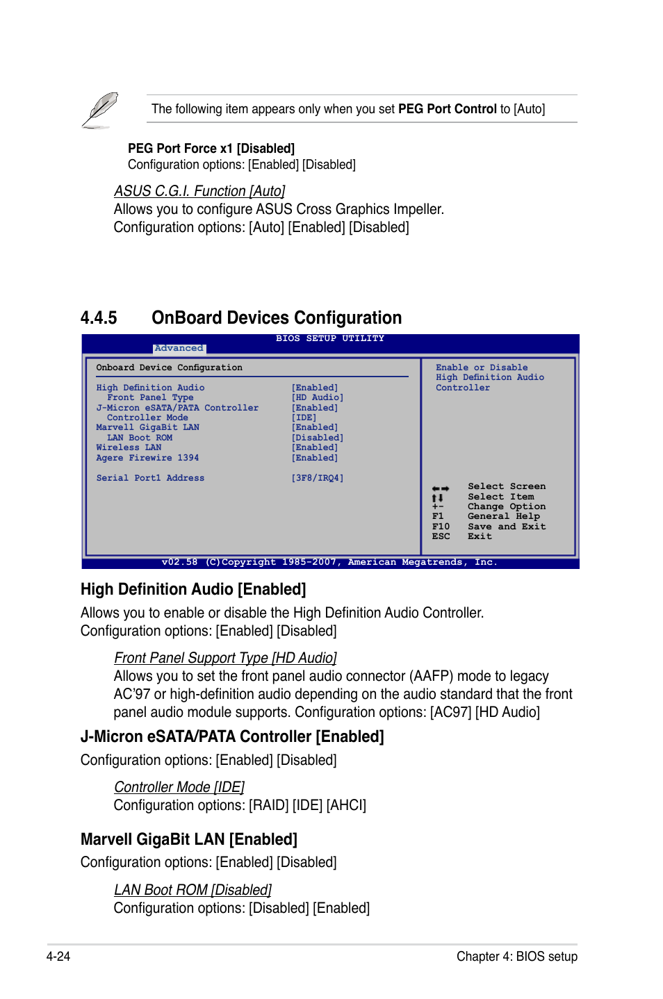 5 onboard devices configuration, High definition audio [enabled, J-micron esata/pata controller [enabled | Marveli gigabit lan [enabled | Asus P5K-E/WiFi-AP User Manual | Page 92 / 172