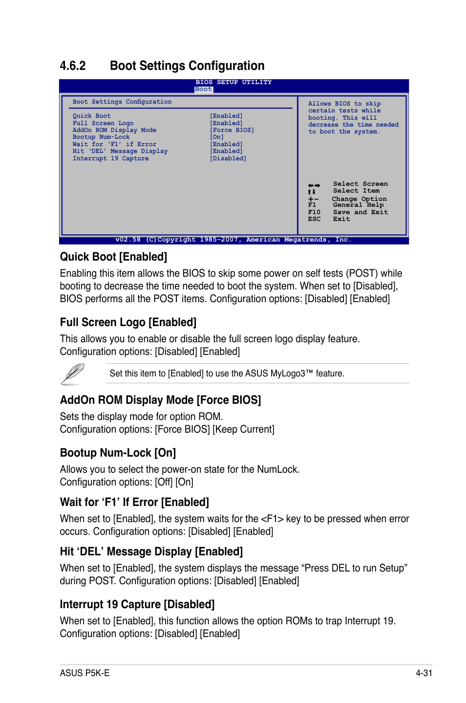 2 boot settings configuration, Quick boot [enabled, Full screen logo [enabled | Addon rom display mode [force bios, Bootup num-lock [on, Wait for ‘f1’ if error [enabled, Hit ‘del’ message display [enabled, Interrupt 19 capture [disabled | Asus P5K-E/WiFi-AP User Manual | Page 99 / 172