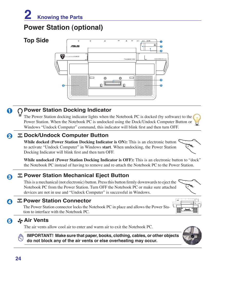 Power station (optional), Top side | Asus VX2S User Manual | Page 24 / 97