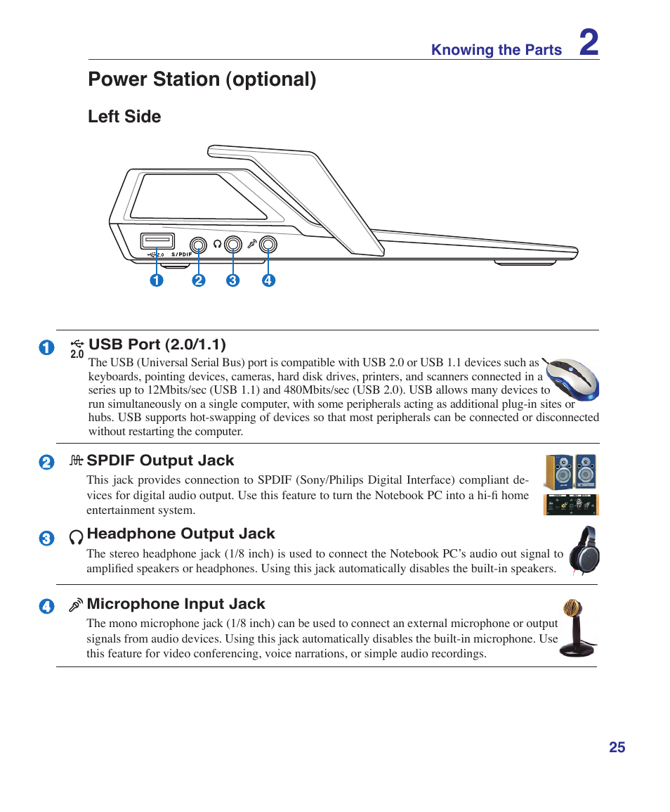 Power station (optional), Left side | Asus VX2S User Manual | Page 25 / 97