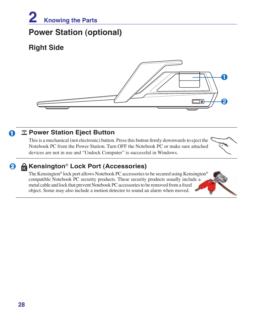 Power station (optional), Right side | Asus VX2S User Manual | Page 28 / 97