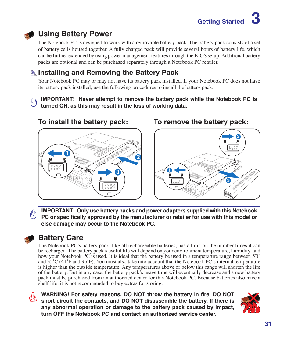 Using battery power, Battery care | Asus VX2S User Manual | Page 31 / 97