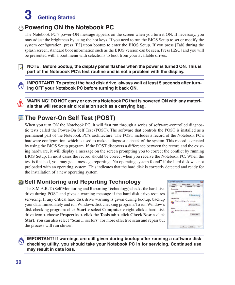 Powering on the notebook pc, The power-on self test (post) | Asus VX2S User Manual | Page 32 / 97