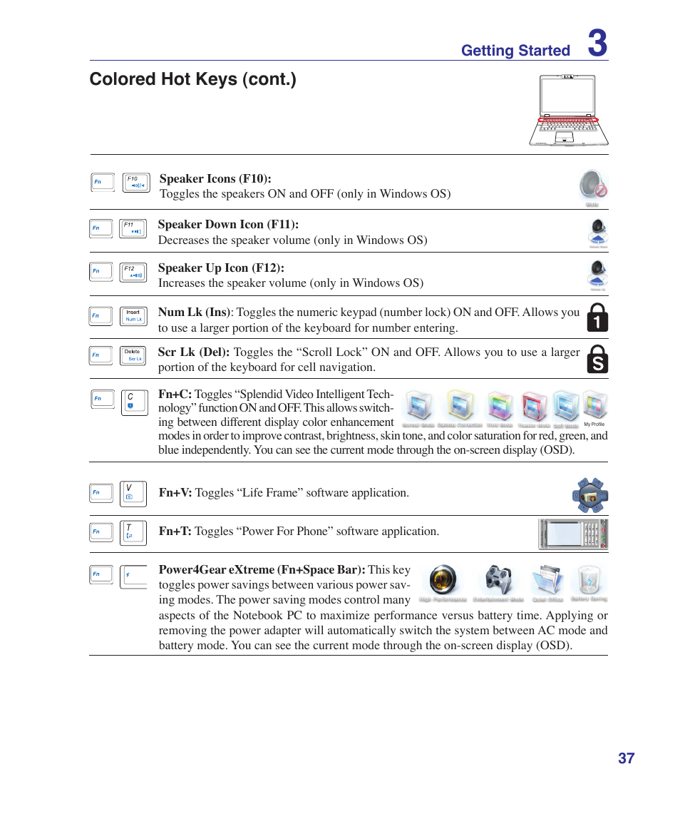 Colored hot keys (cont.) | Asus VX2S User Manual | Page 37 / 97