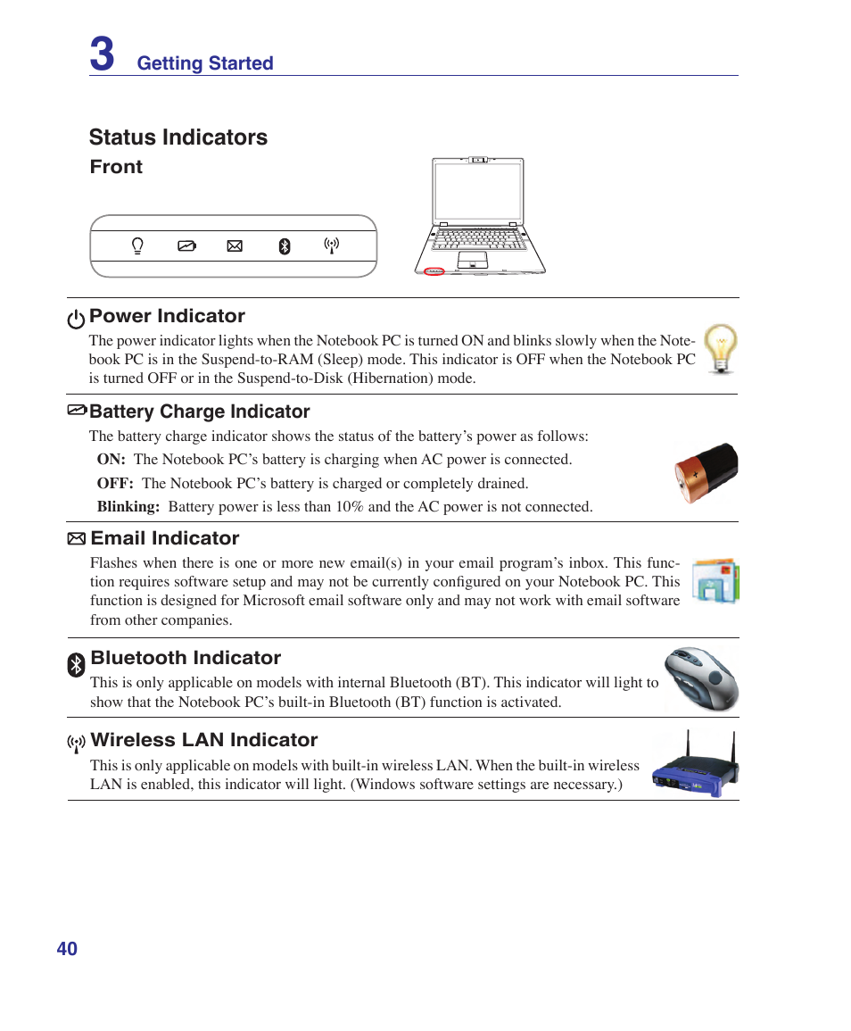 Status indicators | Asus VX2S User Manual | Page 40 / 97