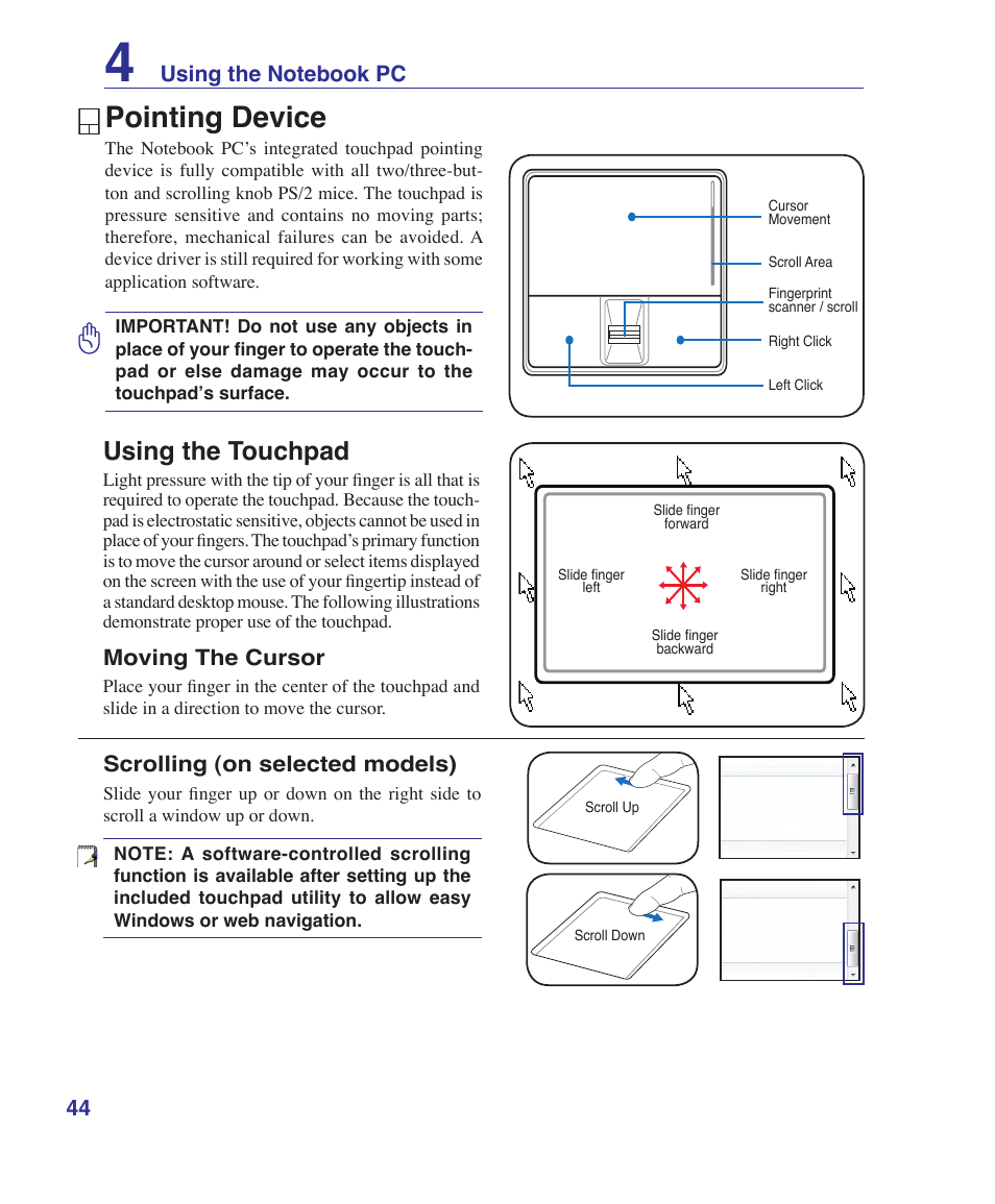 Pointing device, Using the touchpad | Asus VX2S User Manual | Page 44 / 97