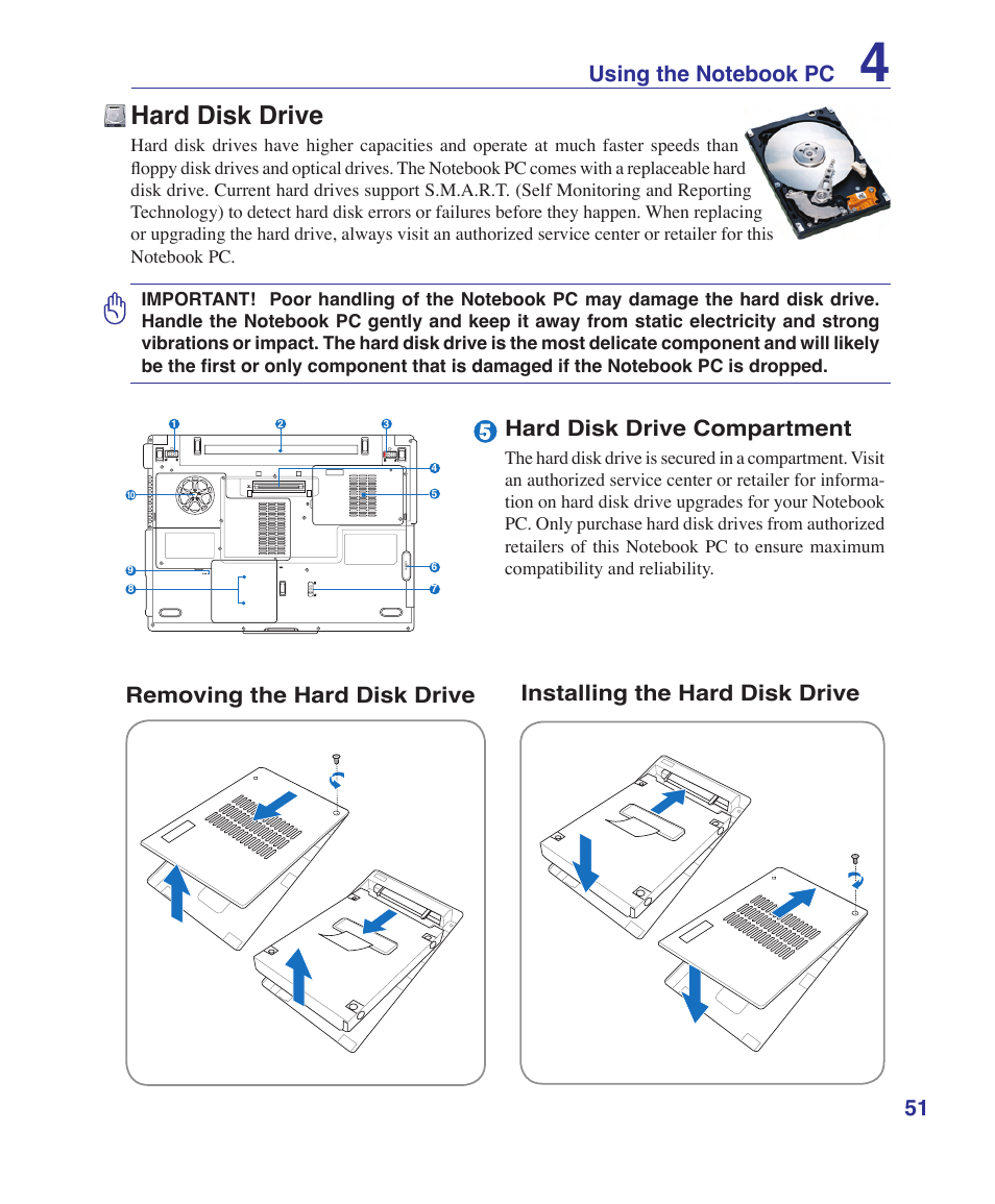 Hard disk drive, Hard disk drive compartment | Asus VX2S User Manual | Page 51 / 97