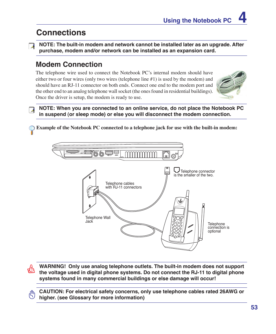 Connections, Modem connection | Asus VX2S User Manual | Page 53 / 97