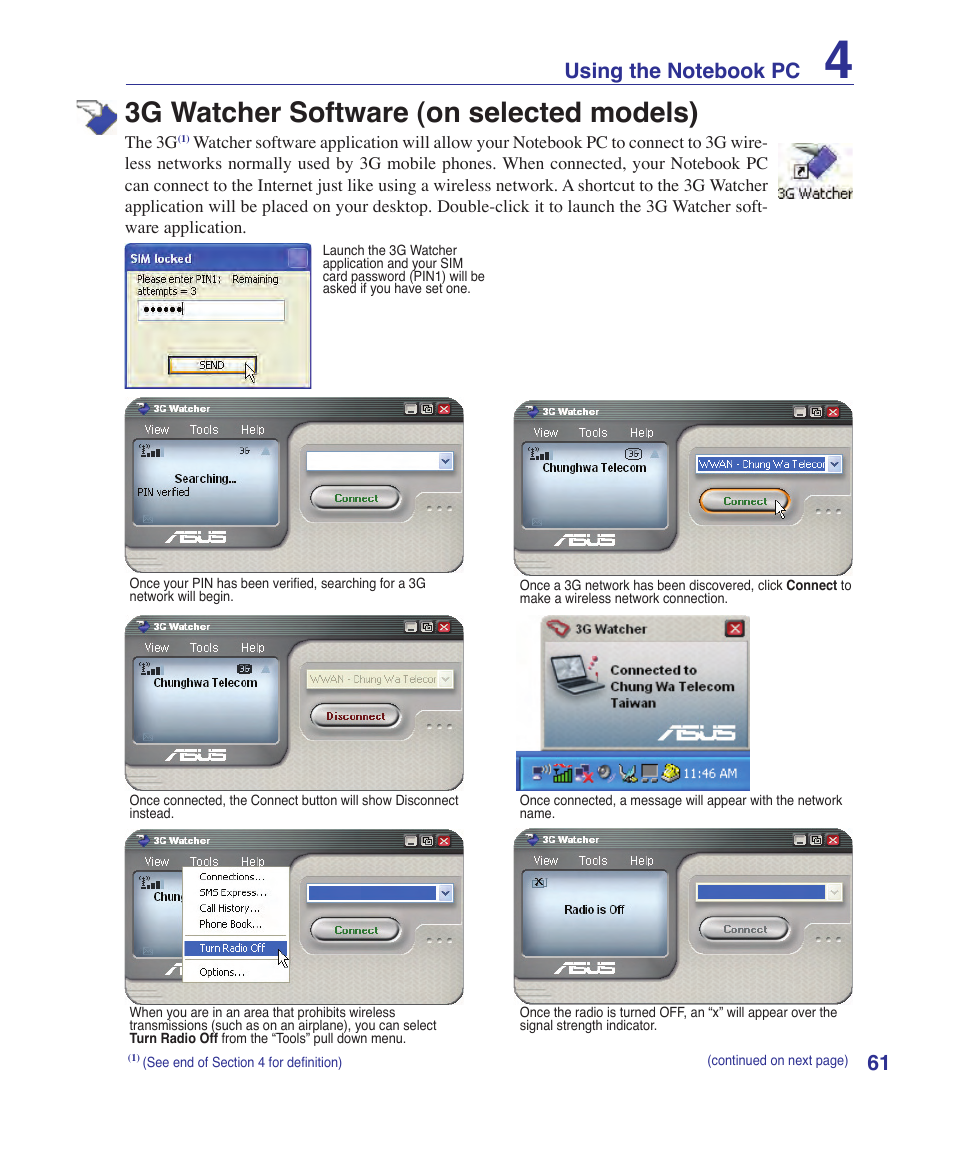 3g watcher software (on selected models) | Asus VX2S User Manual | Page 61 / 97