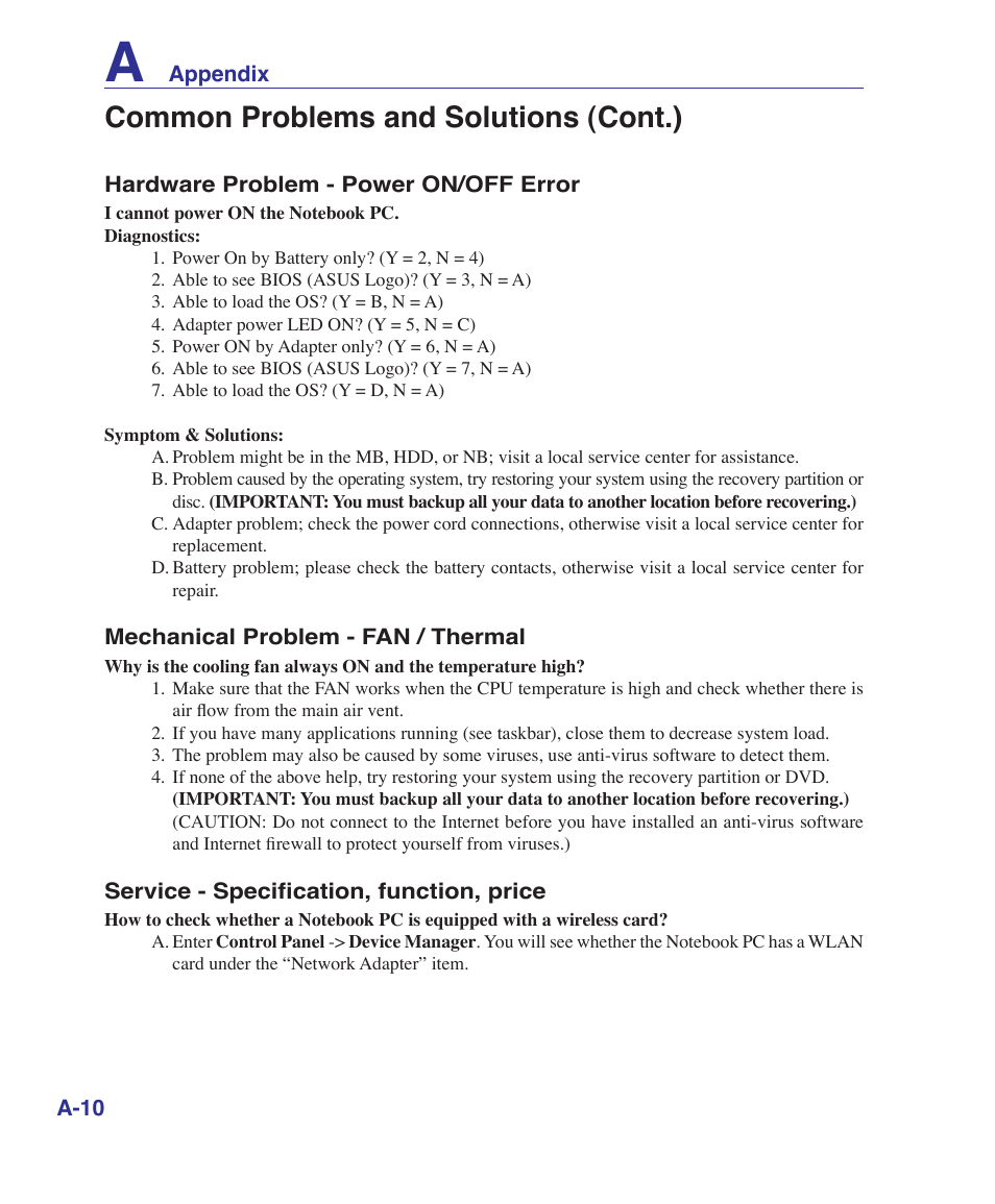 Common problems and solutions (cont.) | Asus VX2S User Manual | Page 74 / 97