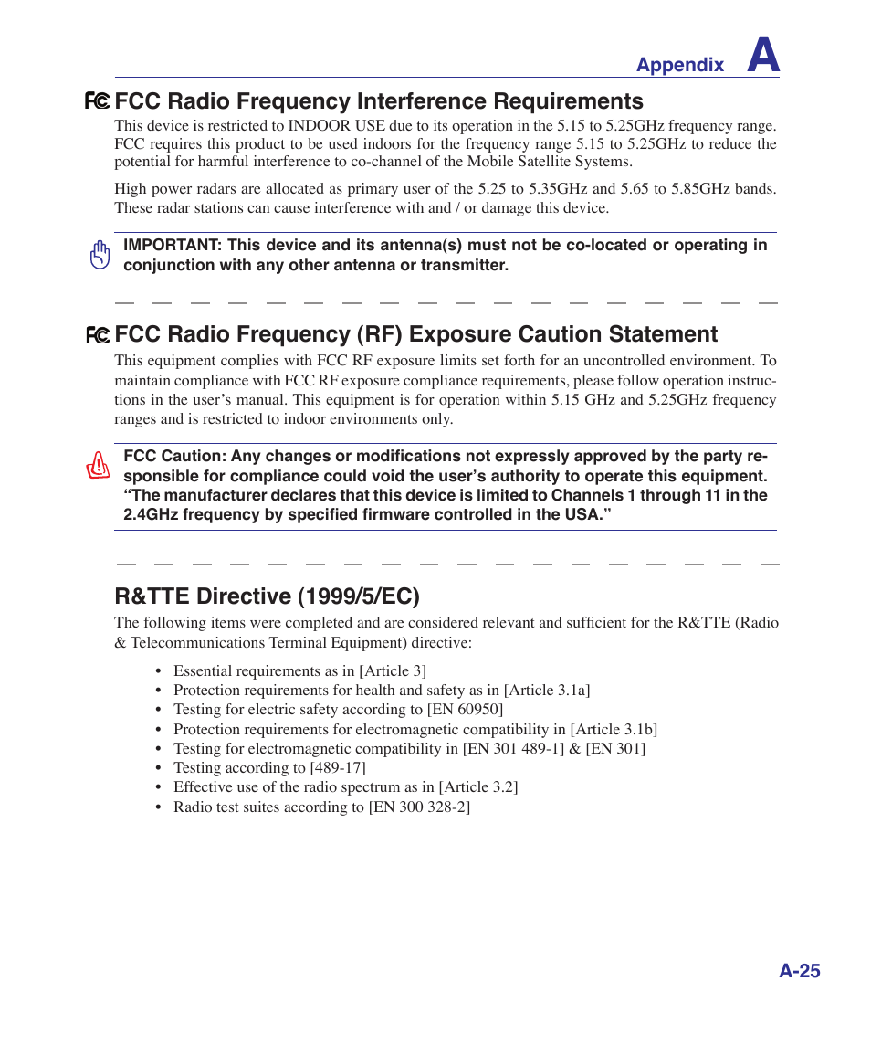 R&tte directive (1999//ec), Fcc radio frequency interference requirements | Asus VX2S User Manual | Page 89 / 97