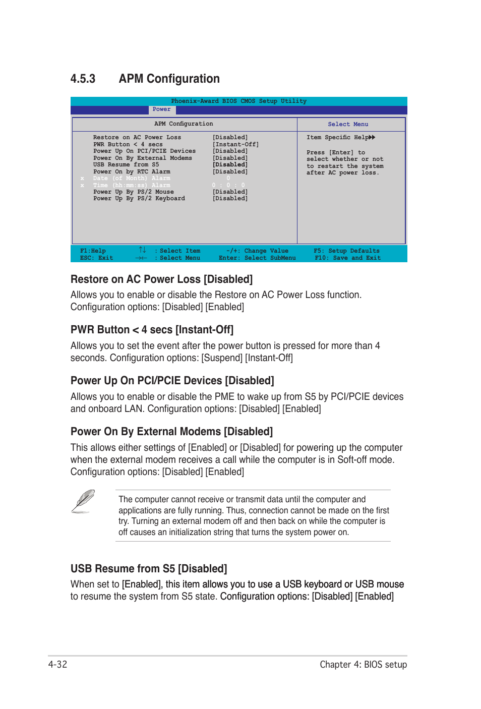 3 apm configuration, Apm configuration -32, Restore on ac power loss [disabled | Pwr button < 4 secs [instant-off, Power up on pci/pcie devices [disabled, Power on by external modems [disabled, Usb resume from s5 [disabled | Asus P5N32-SLI Premium User Manual | Page 100 / 114