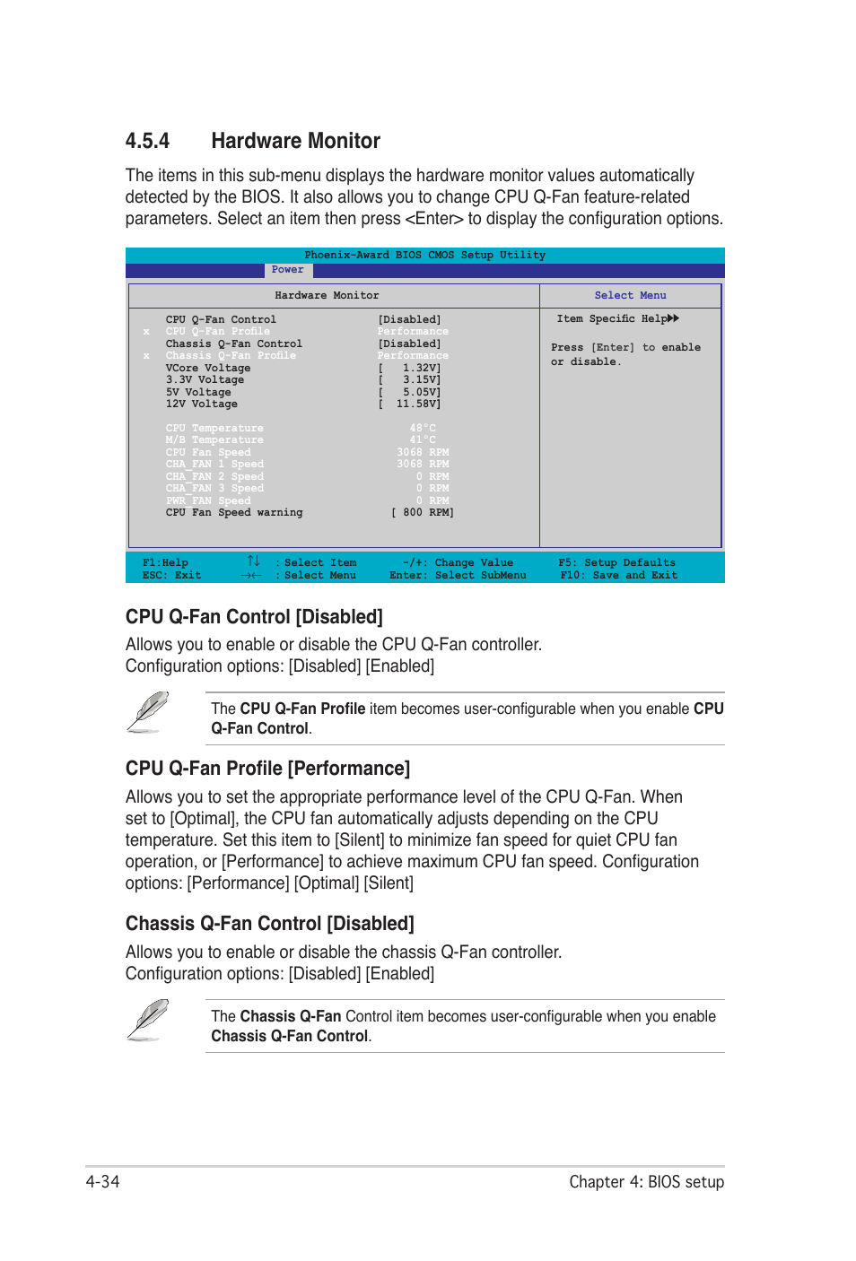 4 hardware monitor, Hardware monitor -34, Cpu q-fan control [disabled | Cpu q-fan profile [performance, Chassis q-fan control [disabled | Asus P5N32-SLI Premium User Manual | Page 102 / 114