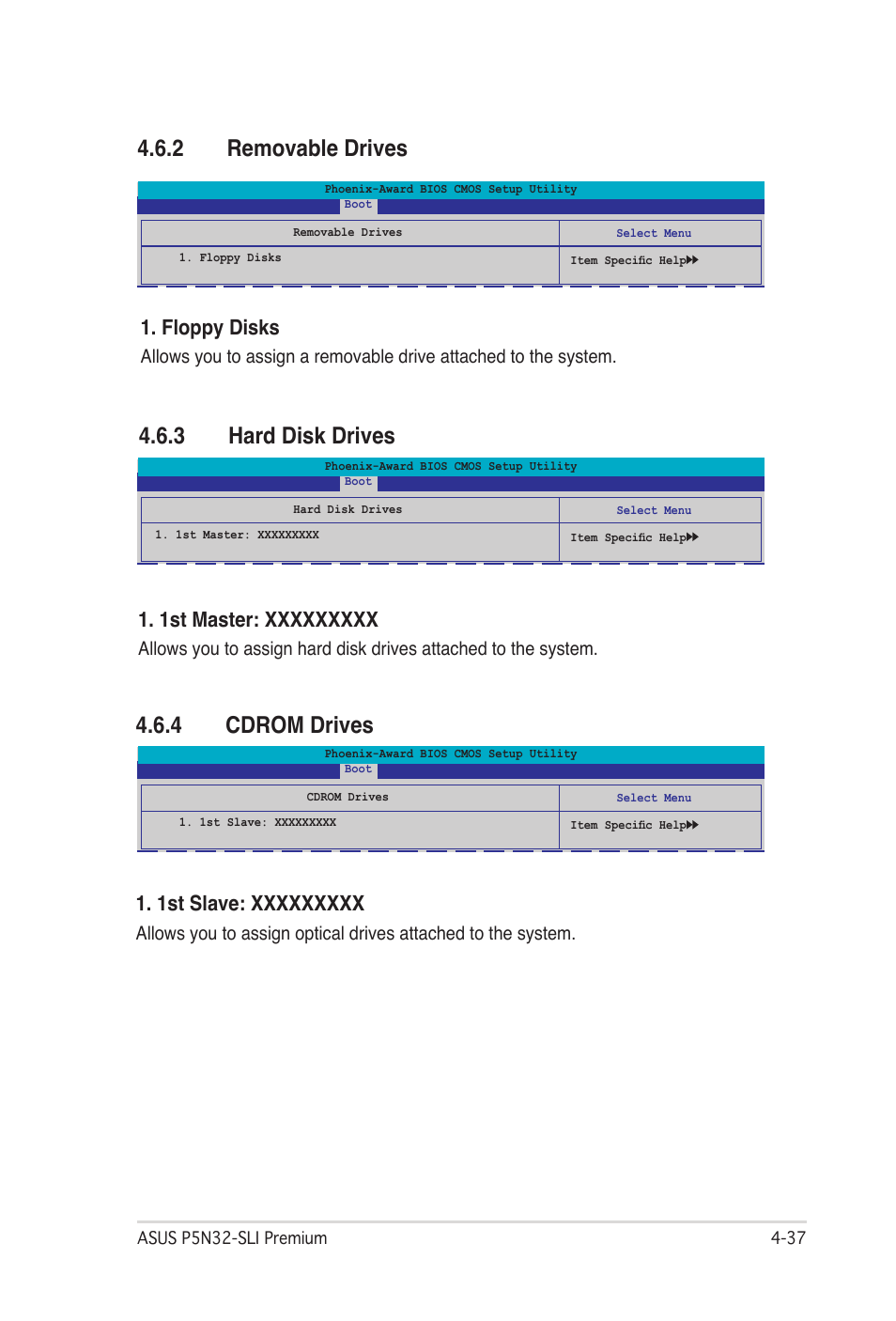 2 removable drives, 3 hard disk drives, 4 cdrom drives | Removable drives -37, Hard disk drives -37, Cdrom drives -37, Floppy disks | Asus P5N32-SLI Premium User Manual | Page 105 / 114