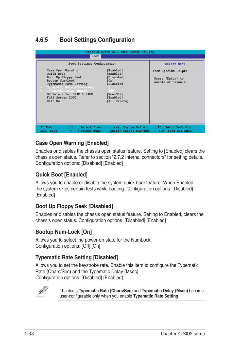 5 boot settings configuration, Boot settings configuration -38, Case open warning [enabled | Quick boot [enabled, Boot up floppy seek [disabled, Bootup num-lock [on, Typematic rate setting [disabled | Asus P5N32-SLI Premium User Manual | Page 106 / 114