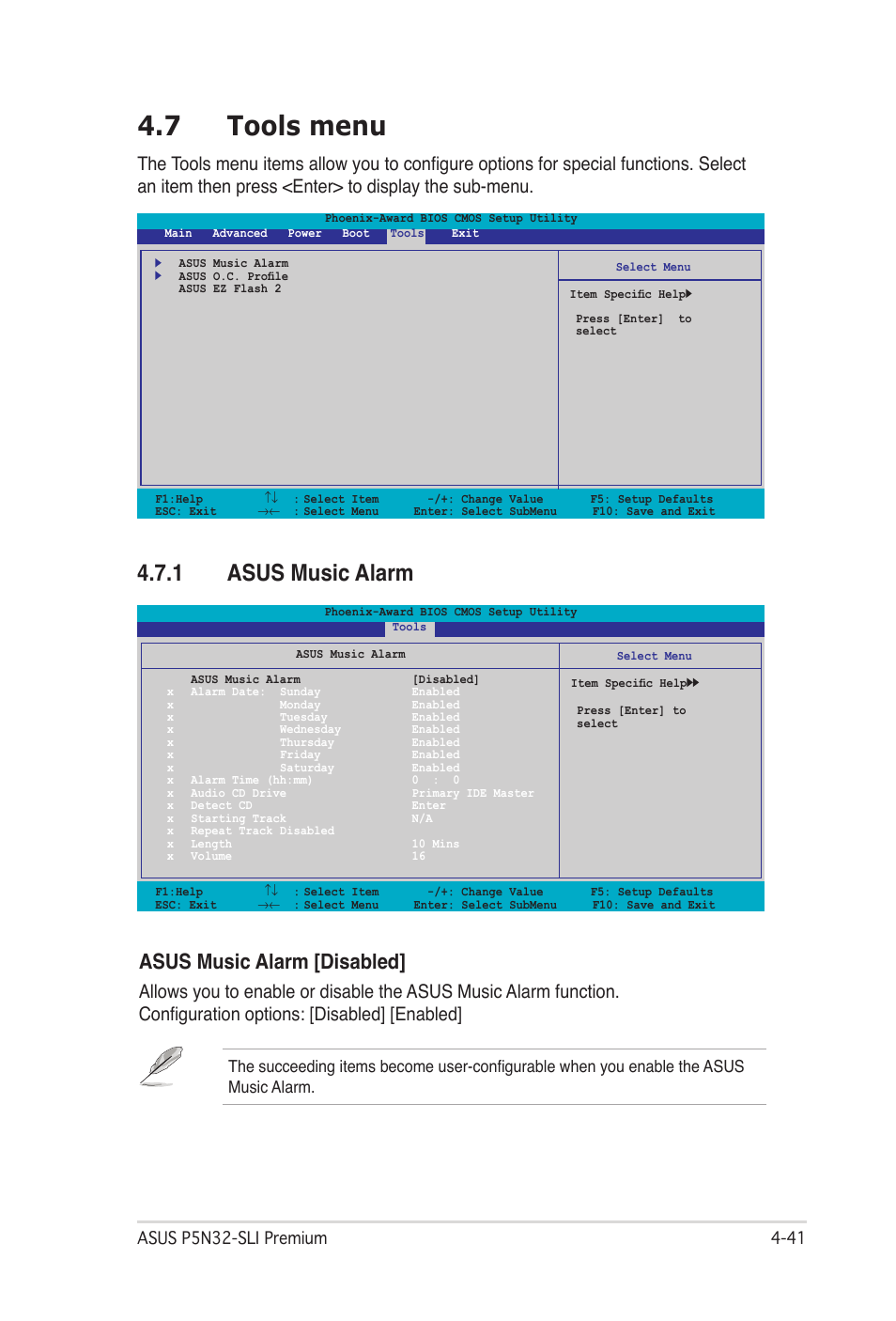 7 tools menu, 1 asus music alarm, Tools menu -41 4.7.1 | Asus music alarm -41, Tools menu -41, Asus music alarm [disabled | Asus P5N32-SLI Premium User Manual | Page 109 / 114