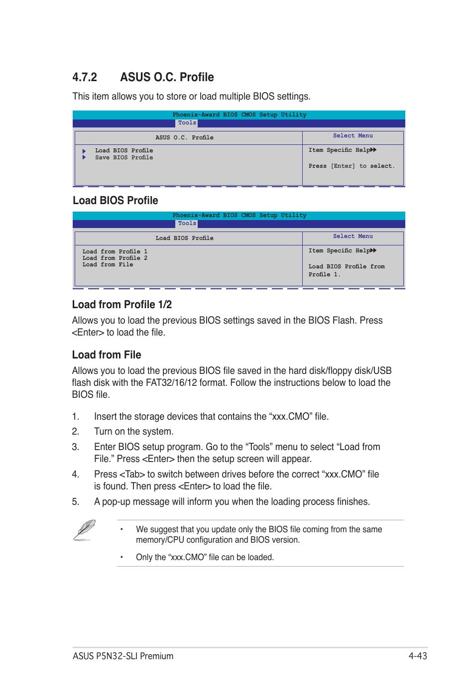 2 asus o.c. profile, Asus o.c. profile -43, Load bios profile load from profile 1/2 | Load from file | Asus P5N32-SLI Premium User Manual | Page 111 / 114