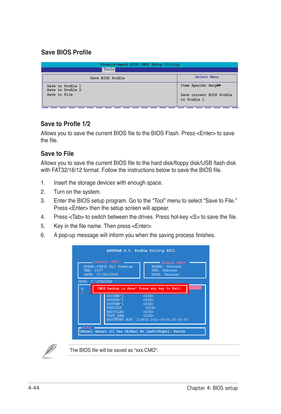 Save bios profile, Save to profle 1/2, Save to file | Asus P5N32-SLI Premium User Manual | Page 112 / 114