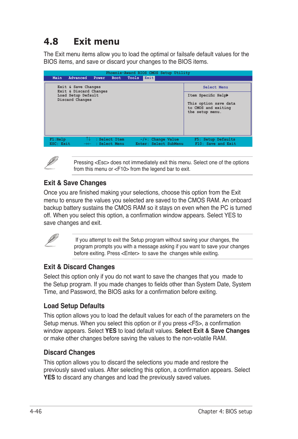 8 exit menu, Exit menu -46, Exit & save changes | Exit & discard changes, Load setup defaults, Discard changes | Asus P5N32-SLI Premium User Manual | Page 114 / 114