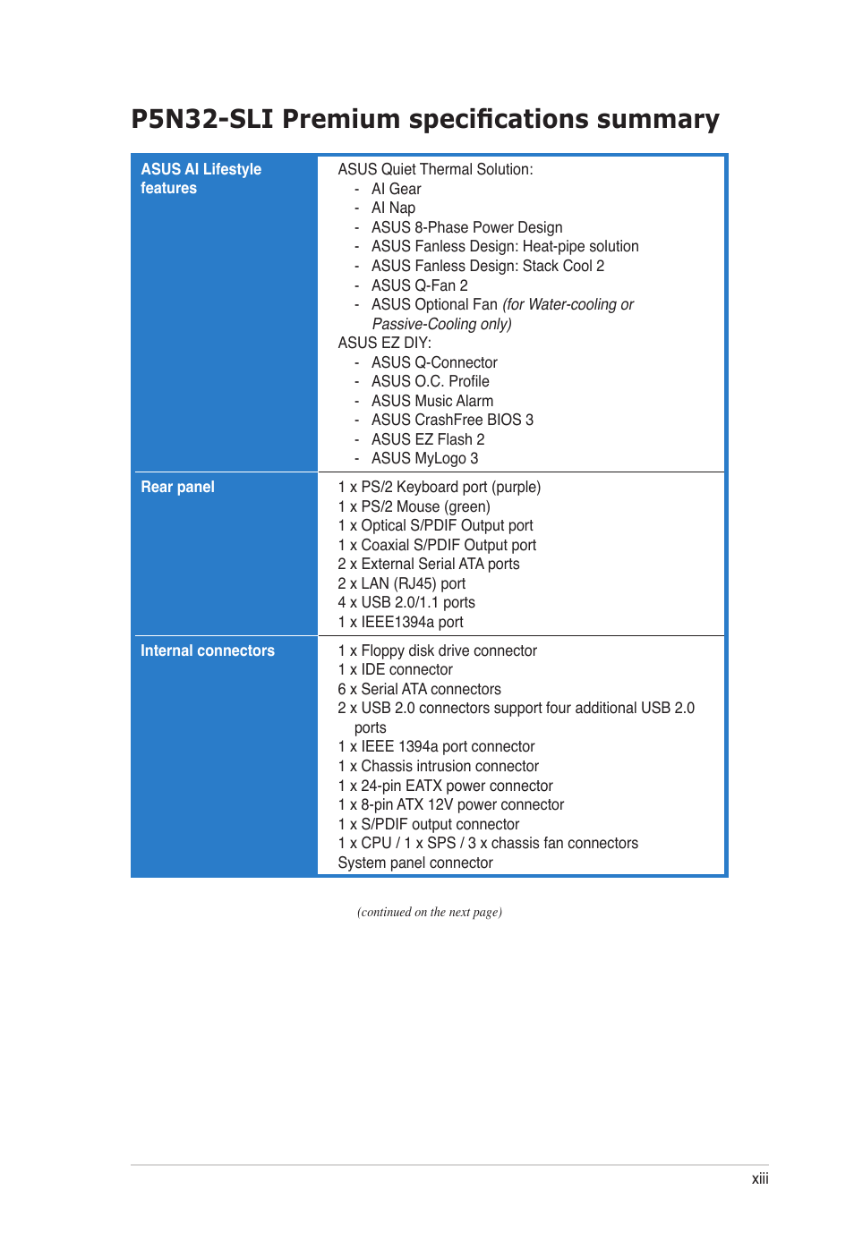 P5n32-sli premium specifications summary | Asus P5N32-SLI Premium User Manual | Page 13 / 114