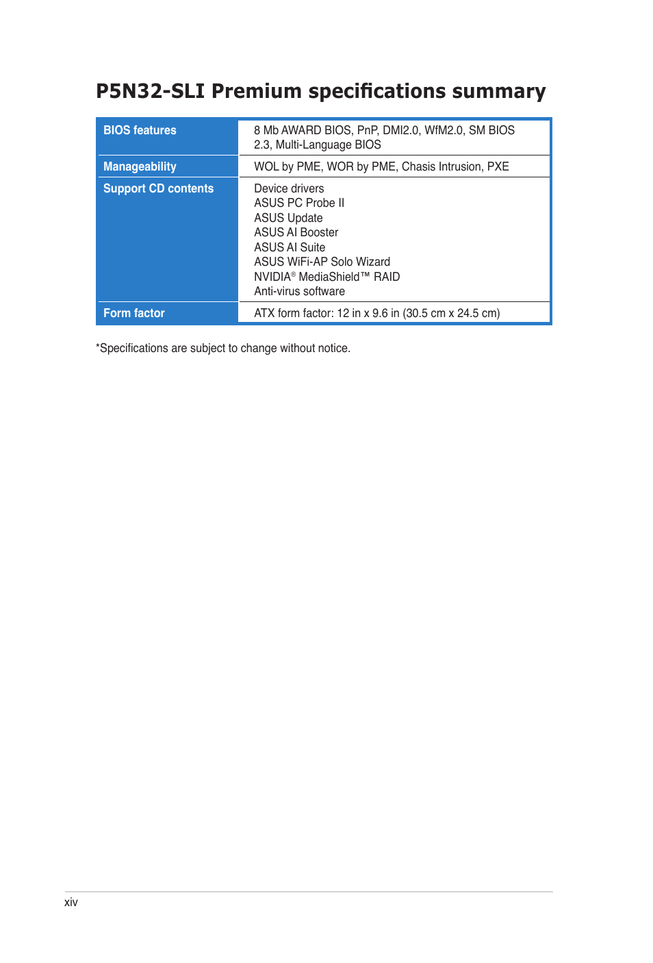 P5n32-sli premium specifications summary | Asus P5N32-SLI Premium User Manual | Page 14 / 114