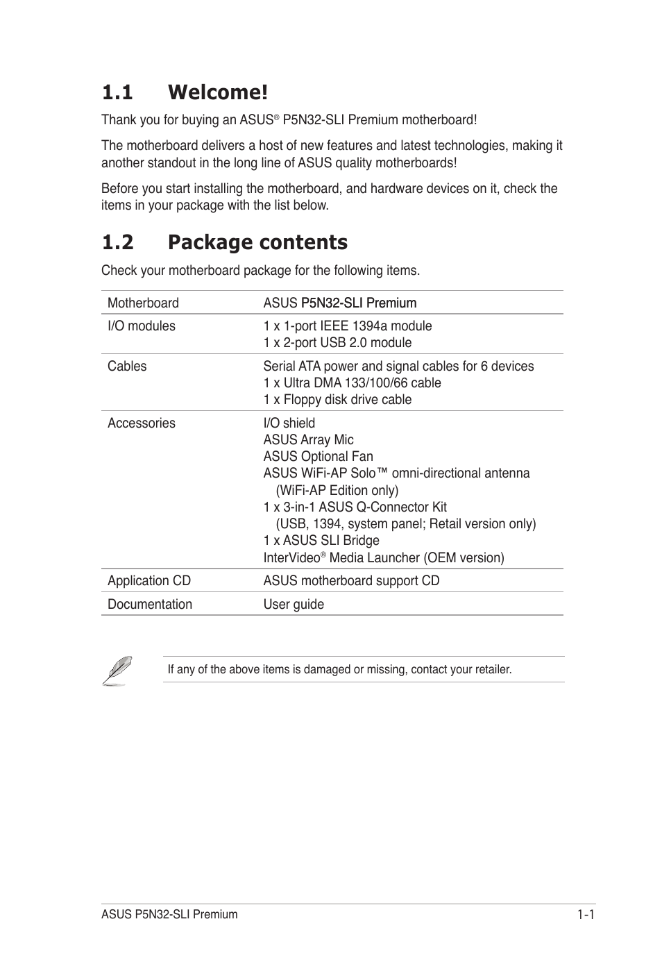 1 welcome, 2 package contents, Welcome! -1 | Package contents -1 | Asus P5N32-SLI Premium User Manual | Page 17 / 114