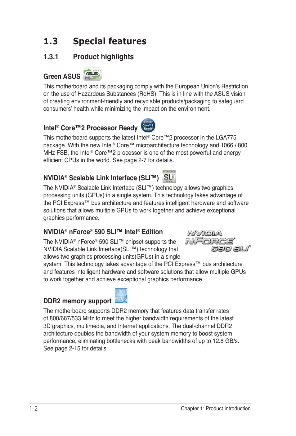 3 special features, 1 product highlights, Special features -2 1.3.1 | Product highlights -2, Special features -2 | Asus P5N32-SLI Premium User Manual | Page 18 / 114