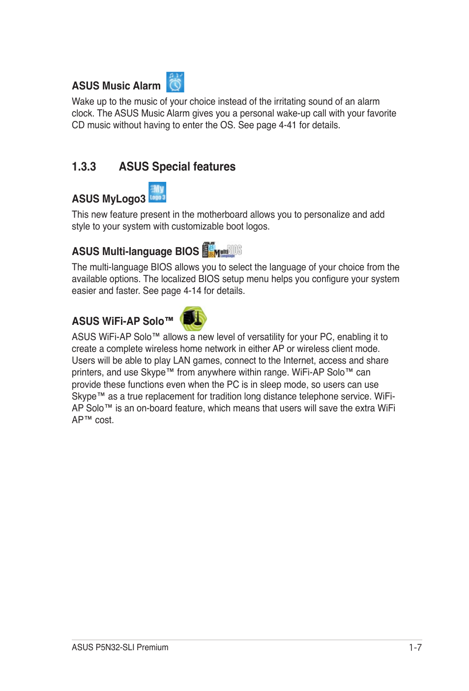 3 asus special features, Asus special features -7 | Asus P5N32-SLI Premium User Manual | Page 23 / 114